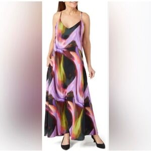 Nicole Miller Abstract Print Spaghetti Strap Maxi Dress Womens XS‎ Purple Green